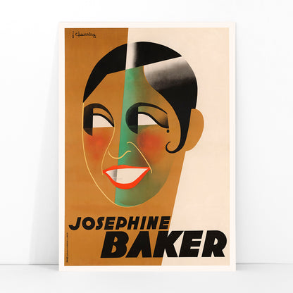 Art Deco poster of Josephine Baker by J Chassaing featuring bold geometric shapes and modern colorful style, framed and displayed in modern living room decor