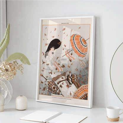 Brumaire by Armand Vallee poster featuring an elegant woman with a parasol surrounded by autumn leaves and wind, framed and displayed in home decor