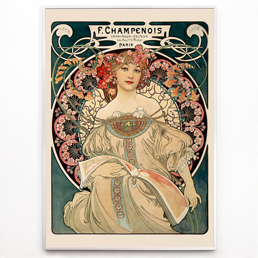 Closeup detail of Art Nouveau poster by Alphonse Mucha featuring an elegant woman in a floral dress with flowers in her hair Affiche Champenois Imprimeur