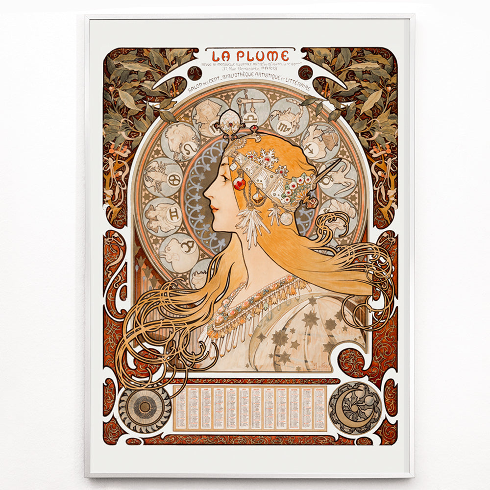 Closeup detail of Art Nouveau poster Zodiaque or La Plume by Alphonse Maria Mucha featuring a woman with long hair and zodiac symbols