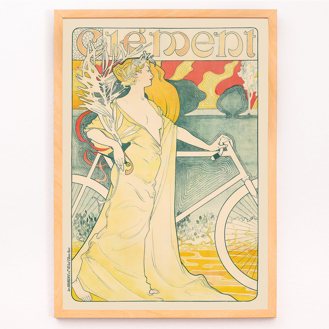 Closeup detail of Art Nouveau poster of elegant woman in flowing gown holding bicycle by Arthur Foache Clement