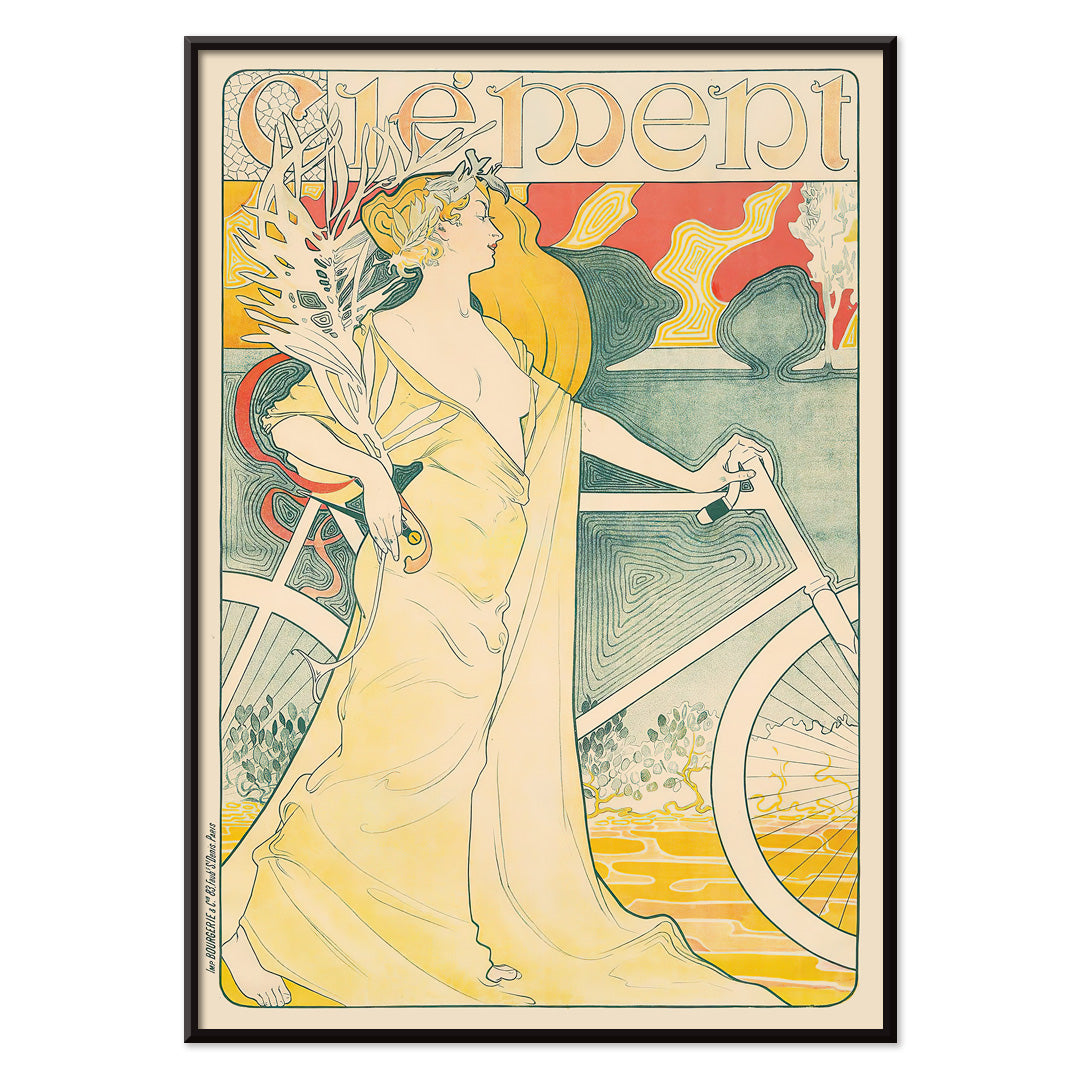 Art Nouveau poster of elegant woman in flowing gown holding bicycle by Arthur Foache Clement, with black aluminium frame on white background