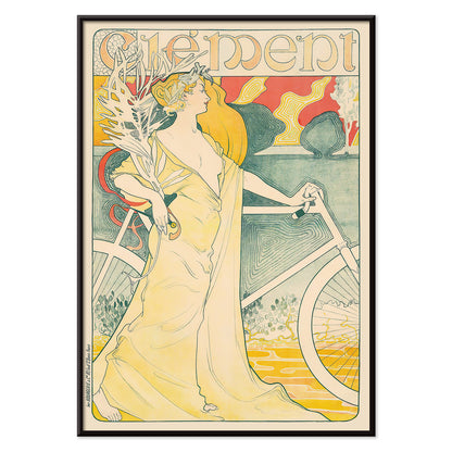 Art Nouveau poster of elegant woman in flowing gown holding bicycle by Arthur Foache Clement, with black aluminium frame on white background