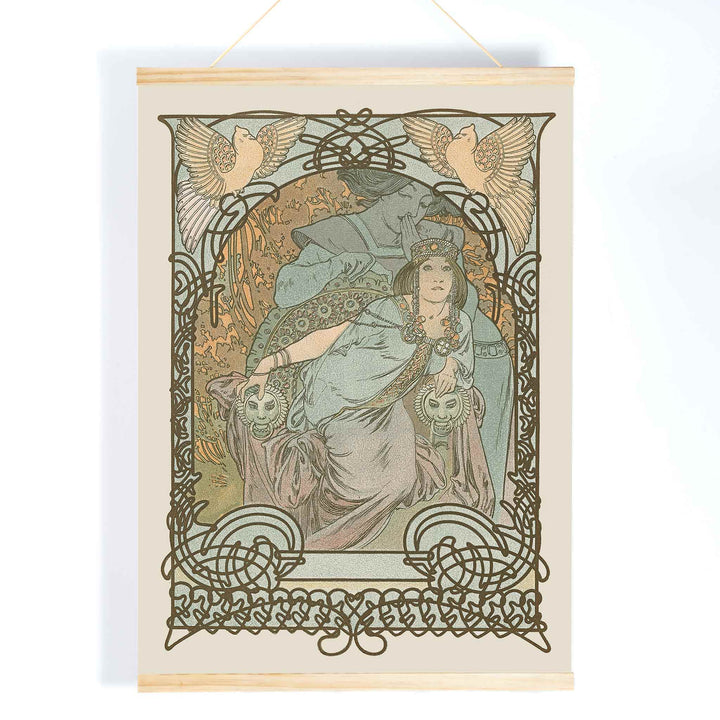 Alphonse Mucha Ilsee Princesse de Tripoli poster with elegant woman in flowing robes ornate floral lines and soft pastel tones, with wooden magnetic frame on white background