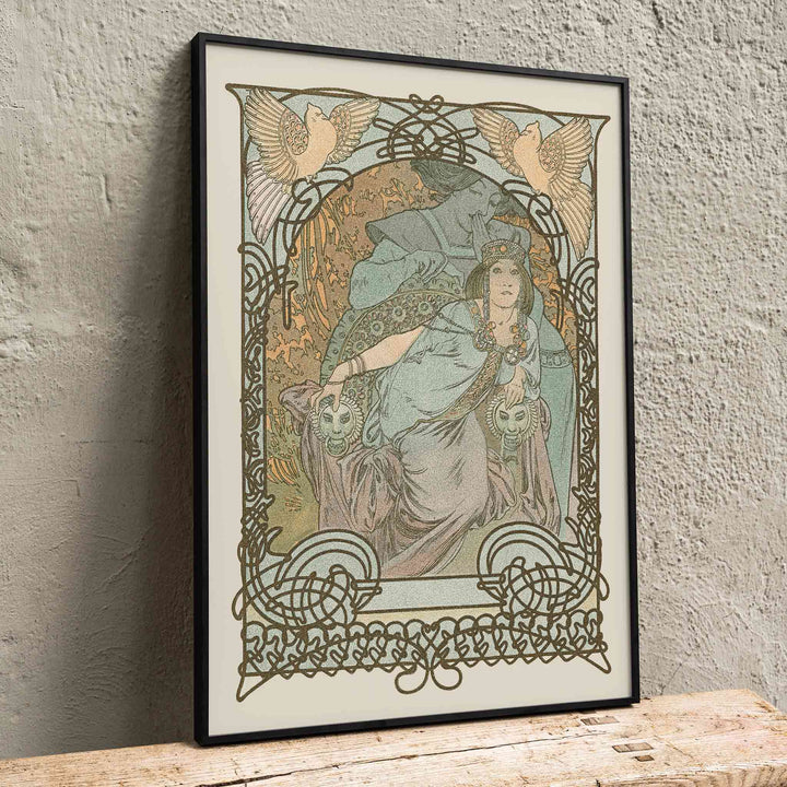 Alphonse Mucha Ilsee Princesse de Tripoli poster with elegant woman in flowing robes ornate floral lines and soft pastel tones, framed and displayed in home decor