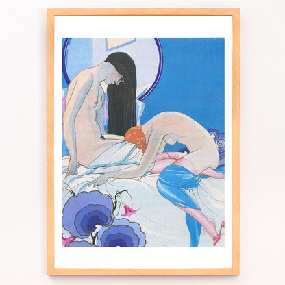 Closeup detail of Sensual art poster of two nude figures in bed from Les Aventures du Roi Pausole by Umberto Brunelleschi erotic illustration