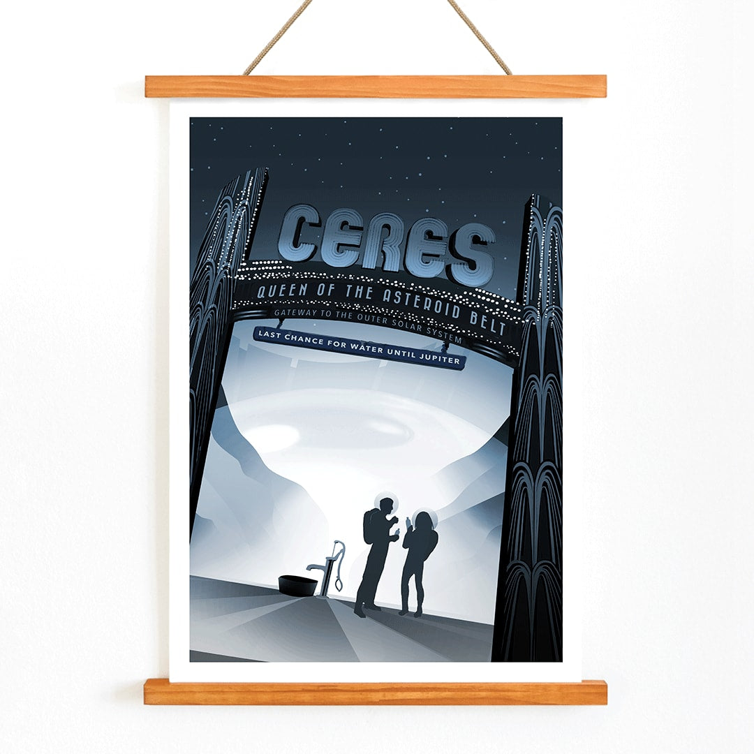 Space travel art illustration of Ceres Queen of the Asteroid Belt by NASA featuring two people at a water pump under a starry sky, with wooden magnetic frame on white background