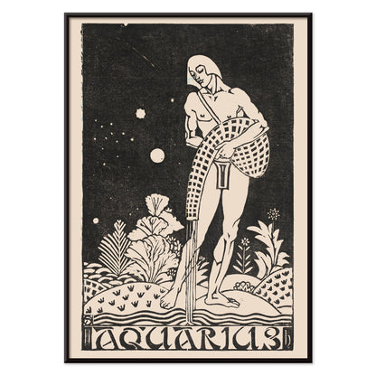 Aquarius zodiac sign artwork by Henri van der Stok featuring water bearer and nude figure pouring water in stylized landscape, with black aluminium frame on white background