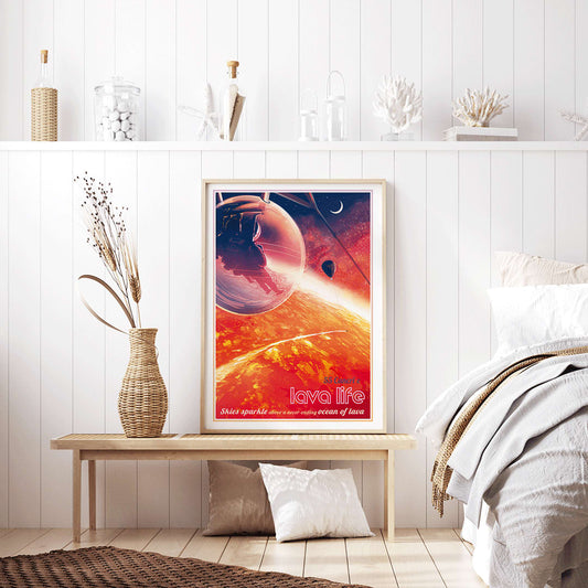 Astronaut in a pod above a glowing lava planet with a hot air balloon and crescent moon in Lava Life by NASA poster, framed and displayed in home decor