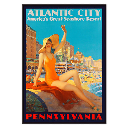 Atlantic City beach scene and Pennsylvania Railroad poster by Edward M Eggleston featuring woman in orange swimsuit at beach resort, with black aluminium frame on white background