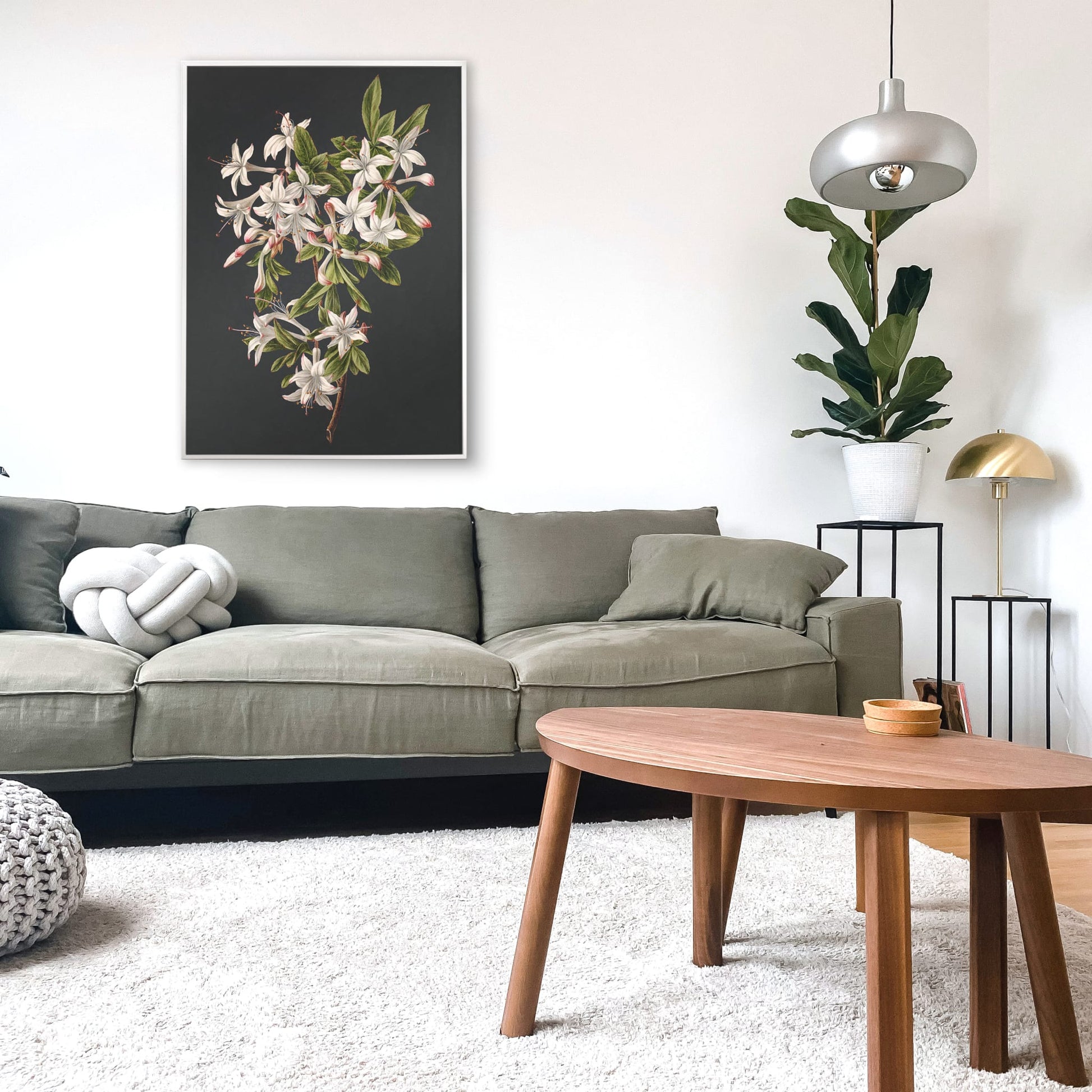 Botanical illustration poster of white azalea flowers and green leaves on a branch by M de Gijselaar titled Branch of Azaleas in Bloom, framed and displayed in home decor