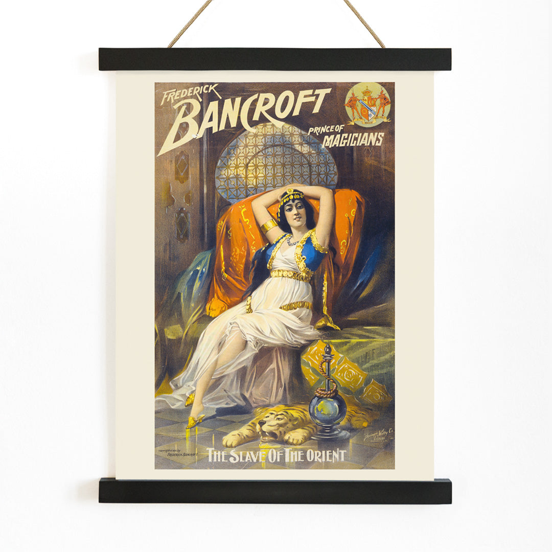 Woman in exotic attire reclining on luxurious couch with hookah and tiger rug Frederick Bancroft prince of magicians artwork poster by Springer and Welty Lith, with wooden magnetic frame on white background
