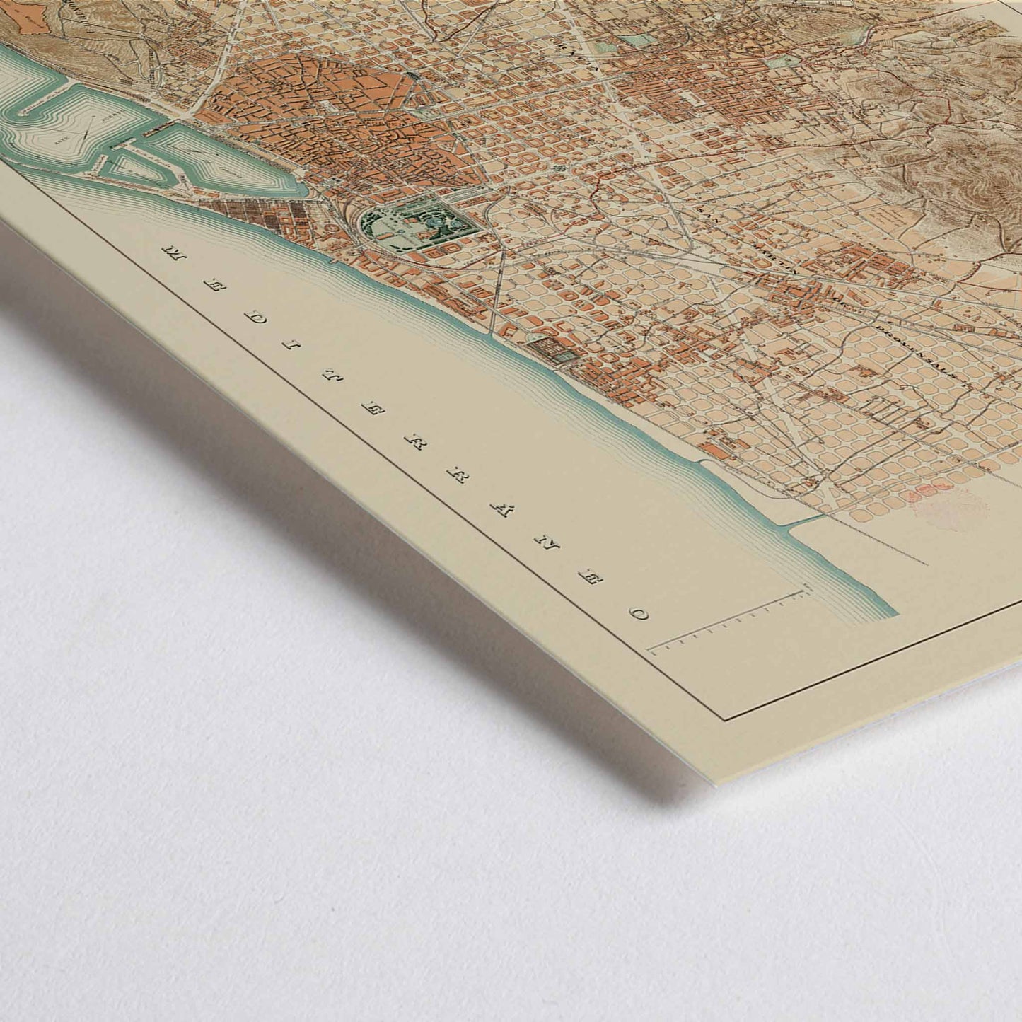 Closeup detail of Anonymous Plan of Barcelona and surroundings vintage poster, sepia city map with coastal lines and pastel districts