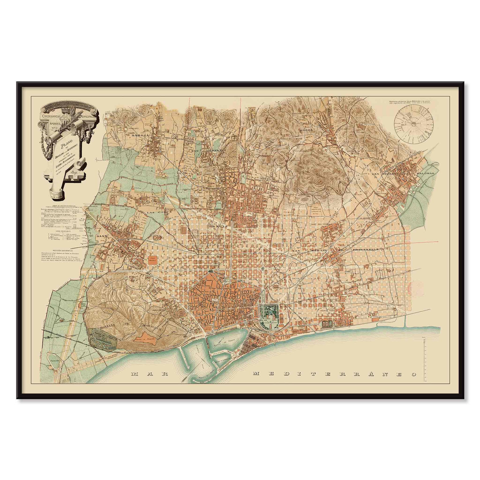 Anonymous Plan of Barcelona and surroundings vintage poster, sepia city map with coastal lines and pastel districts, with black aluminium frame on white background