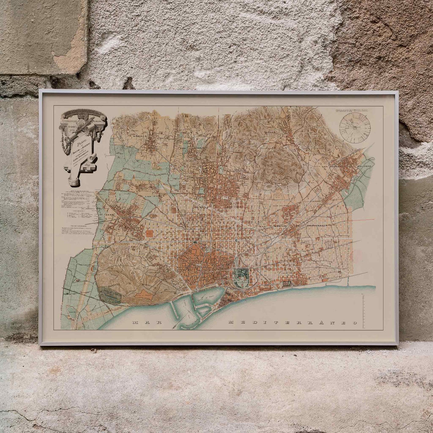 Anonymous Plan of Barcelona and surroundings vintage poster, sepia city map with coastal lines and pastel districts, framed and displayed in home decor