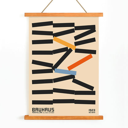 Bauhaus Poster 5 by Kandinsky with abstract geometric design in black orange and blue inspired by Weimar Exhibition on beige background, with wooden magnetic frame on white background