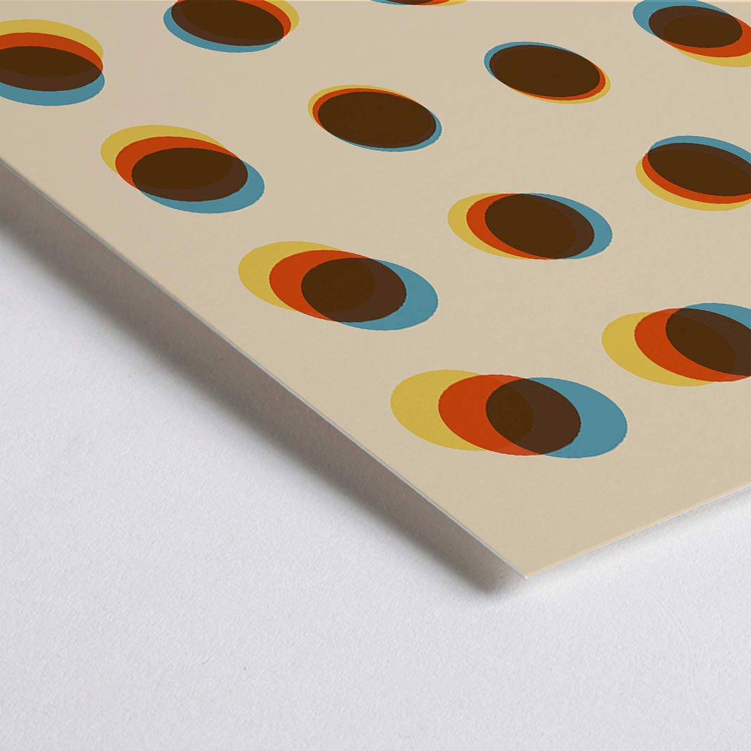Closeup detail of Bauhaus Poster 9 Inspired by the Weimar Exhibition with overlapping colorful circles in a geometric pattern on a beige background