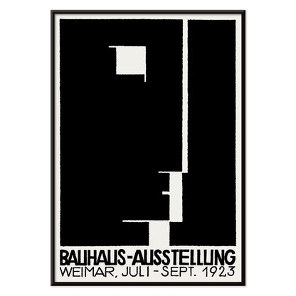 Black and white geometric abstract Bauhaus artwork by Joost Schmidt and László Moholy-Nagy featuring poster design with abstract shapes, with black aluminium frame on white background