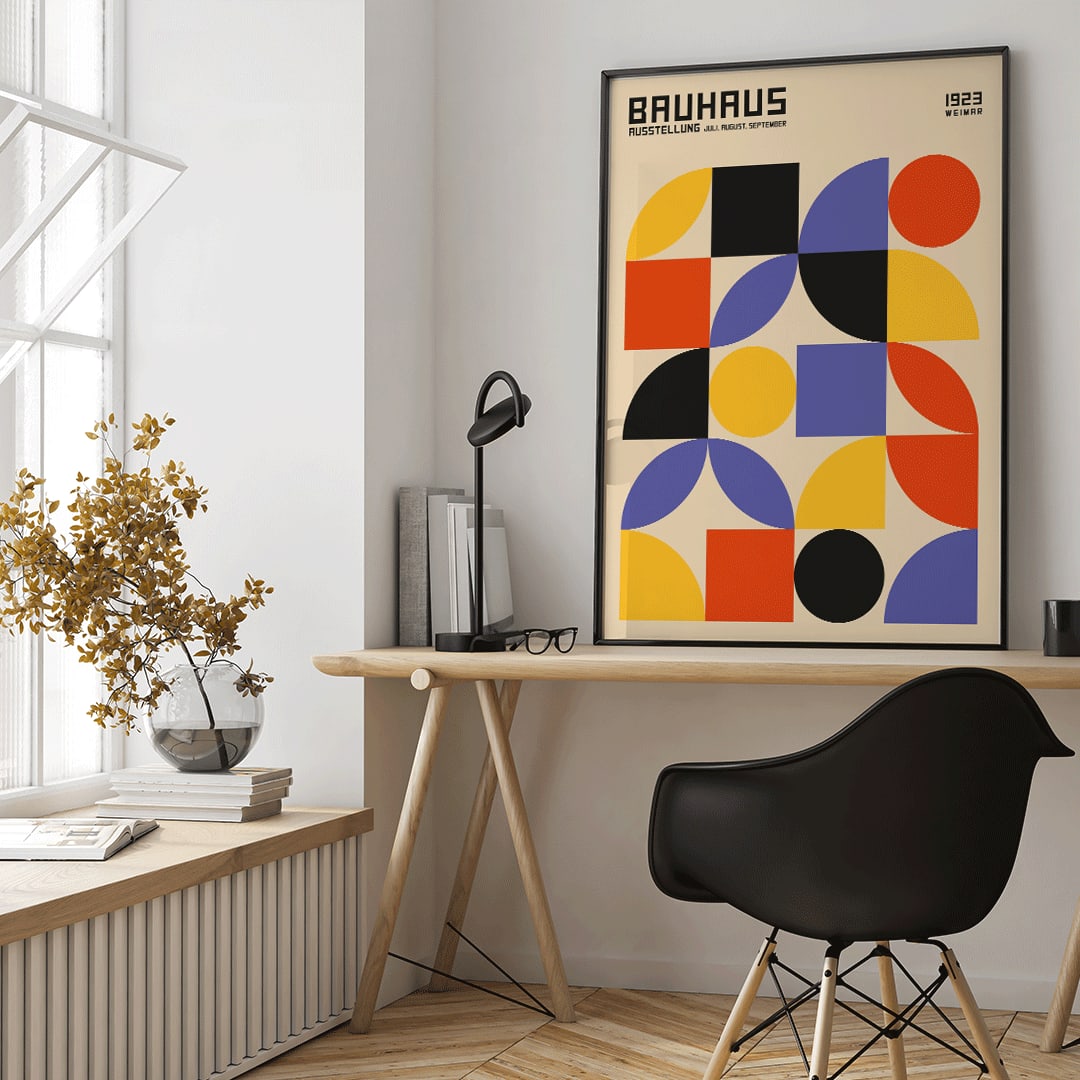 Bauhaus Poster 10 inspired by the Weimar Exhibition featuring colorful geometric shapes in red yellow blue and black on a beige background modern design, framed and displayed in home decor