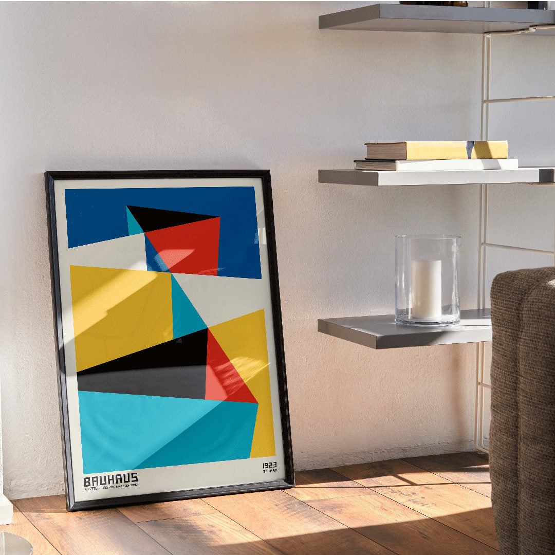 Bauhaus poster 15 by Schlemmer featuring abstract geometric shapes and geometric abstract art in primary colors, framed and displayed in home decor