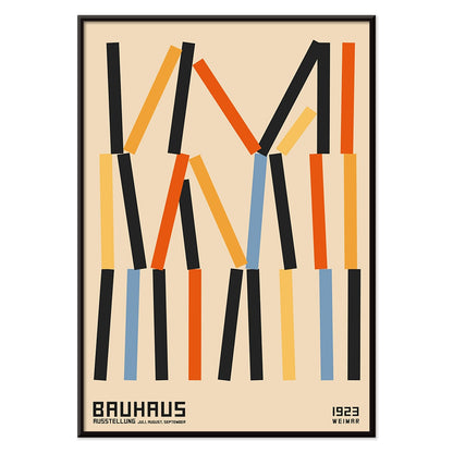 Bauhaus Poster 6 by designer with abstract geometric vertical lines in black orange and blue on beige background inspired by Weimar Exhibition, with black aluminium frame on white background