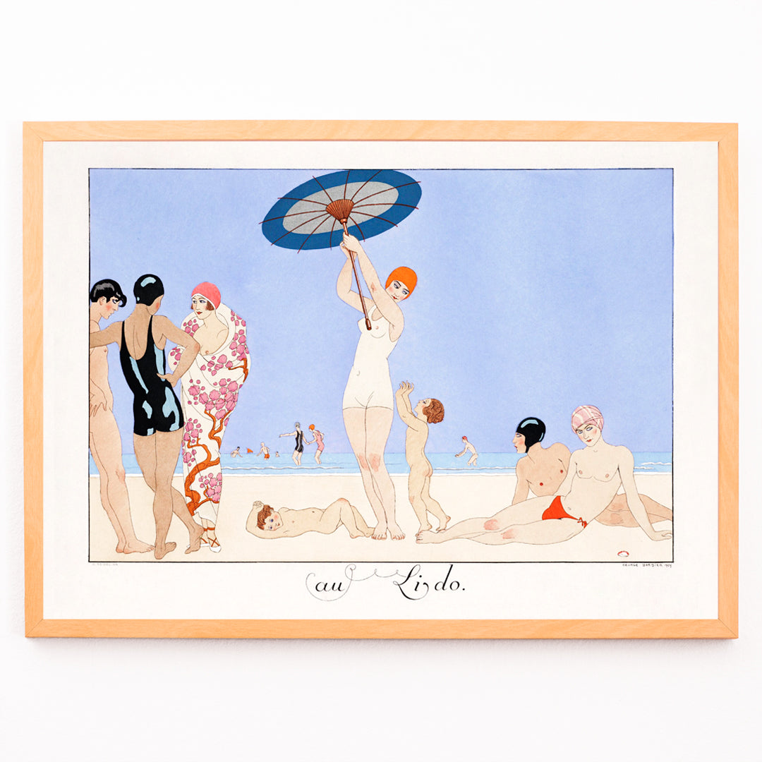 Closeup detail of Art Deco beach scene with women children and people in swimsuits relaxing and playing on the beach Au Lido Plate by George Barbier