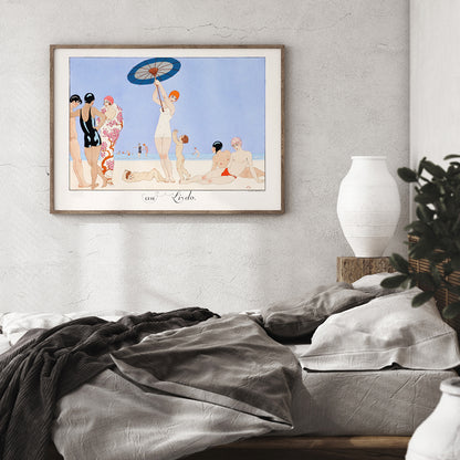 Art Deco beach scene with women children and people in swimsuits relaxing and playing on the beach Au Lido Plate by George Barbier, framed and displayed in home decor