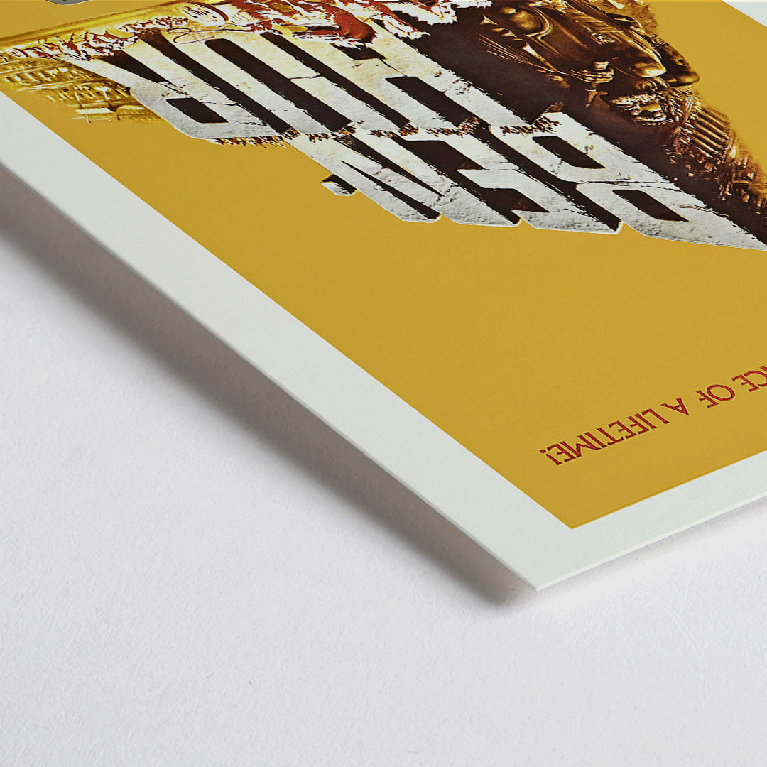 Closeup detail of Ben-Hur film poster by William Wyler with Charlton Heston Jack Hawkins large stone chariot race horses and ancient Roman architecture