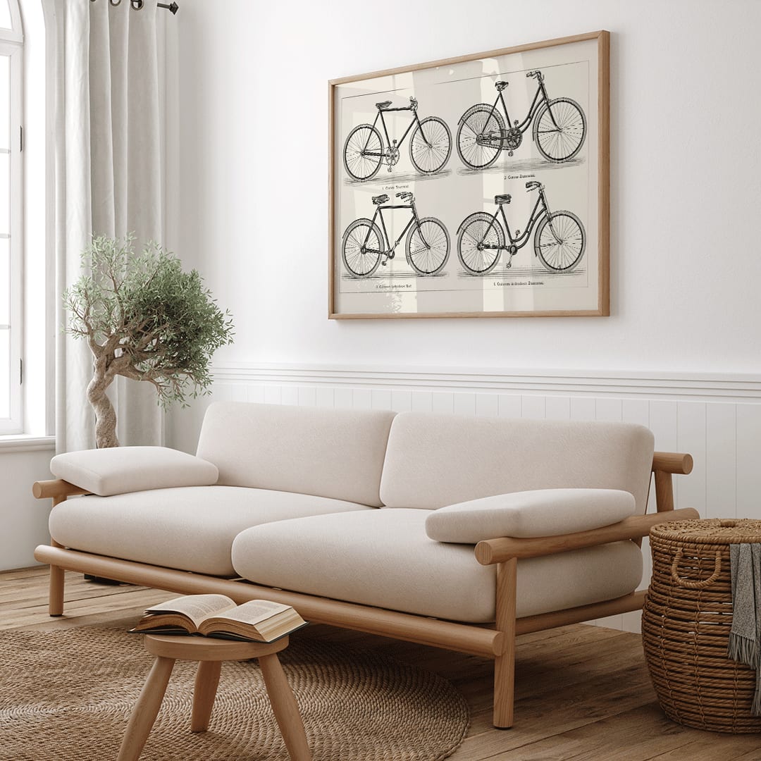 Vintage bicycles black and white lithograph from Meyers Konversations Lexikon showing various types poster, framed and displayed in home decor