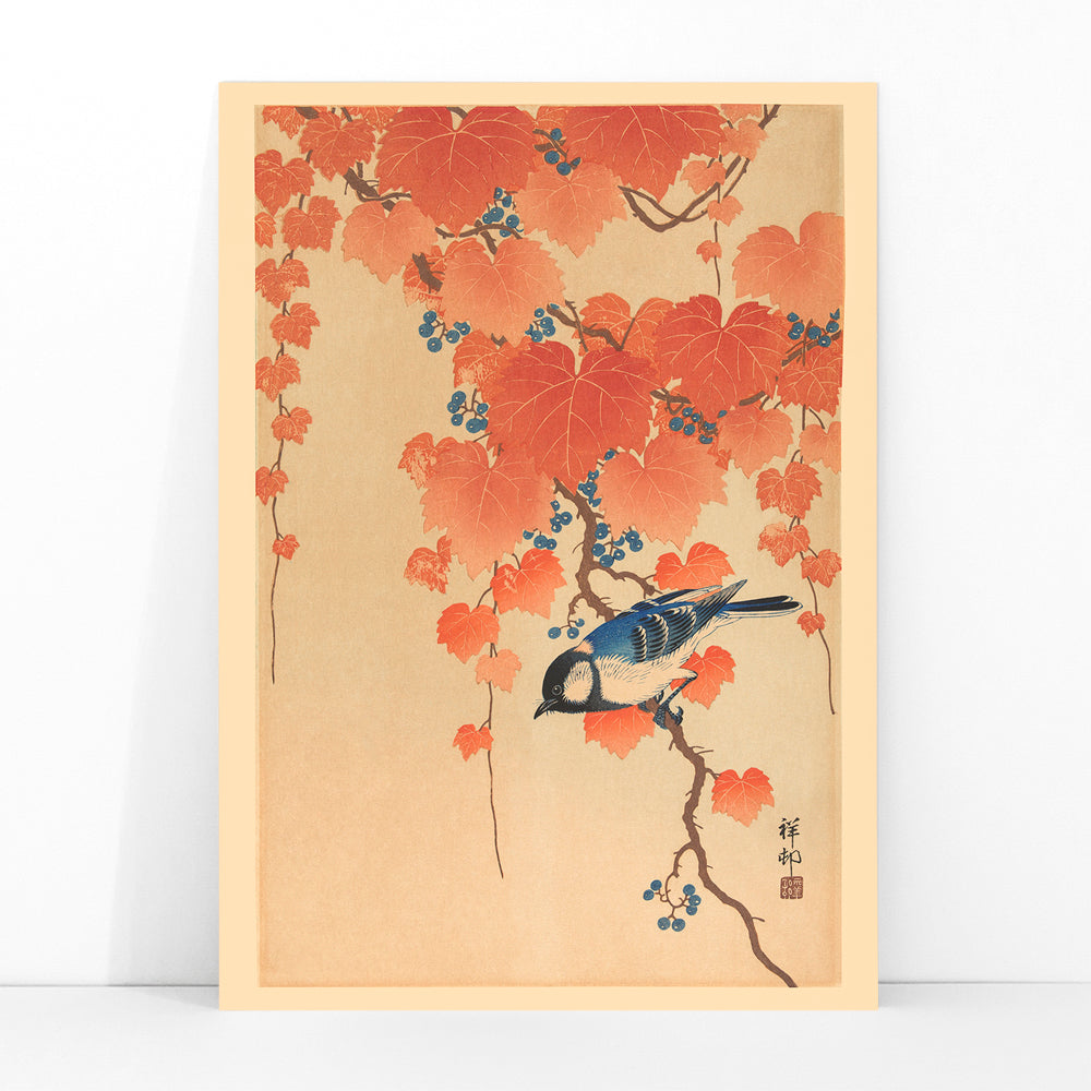 Blue bird on paulownia branch with autumn leaves and berries artwork by Ohara Koson poster, framed and displayed in modern living room decor