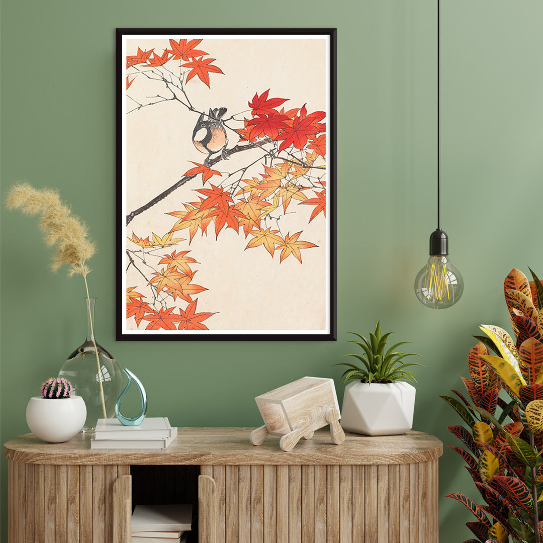 Bird on tree branch with autumn red and orange leaves Keinen kacho gafu by Imao Keinen Japanese art print, framed and displayed in home decor