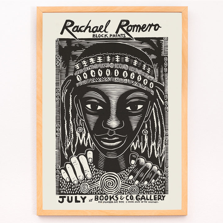 Closeup detail of Black and white portrait block print poster with intricate patterns by Rachael Romero at Books and Co gallery