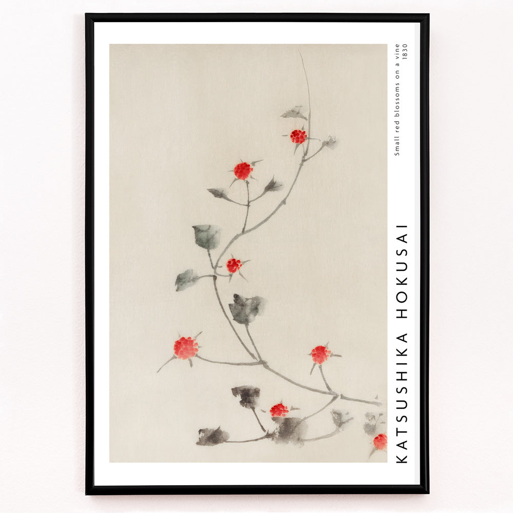 Closeup detail of Small Red Blossoms on a Vine artwork by Katsushika Hokusai featuring delicate red flowers and green leaves on a light background