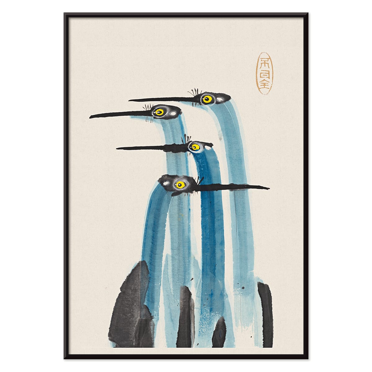 Watercolor painting of three blue cranes titled Blue Japanese Crane by Ohara Koson and Anonymous poster, with black aluminium frame on white background