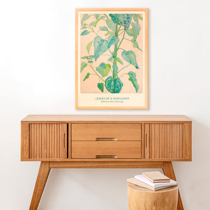 Botanical watercolor illustration of sunflower leaves by Martinus van Andringa detailed artwork poster, framed and displayed in home decor