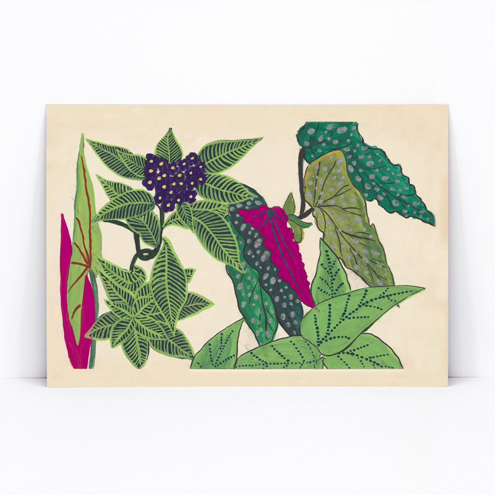 Botanical illustration poster with vibrant green leaves and purple fruits by Atelier Martine titled Leaves and Fruits perfect for botanical decor, framed and displayed in modern living room decor