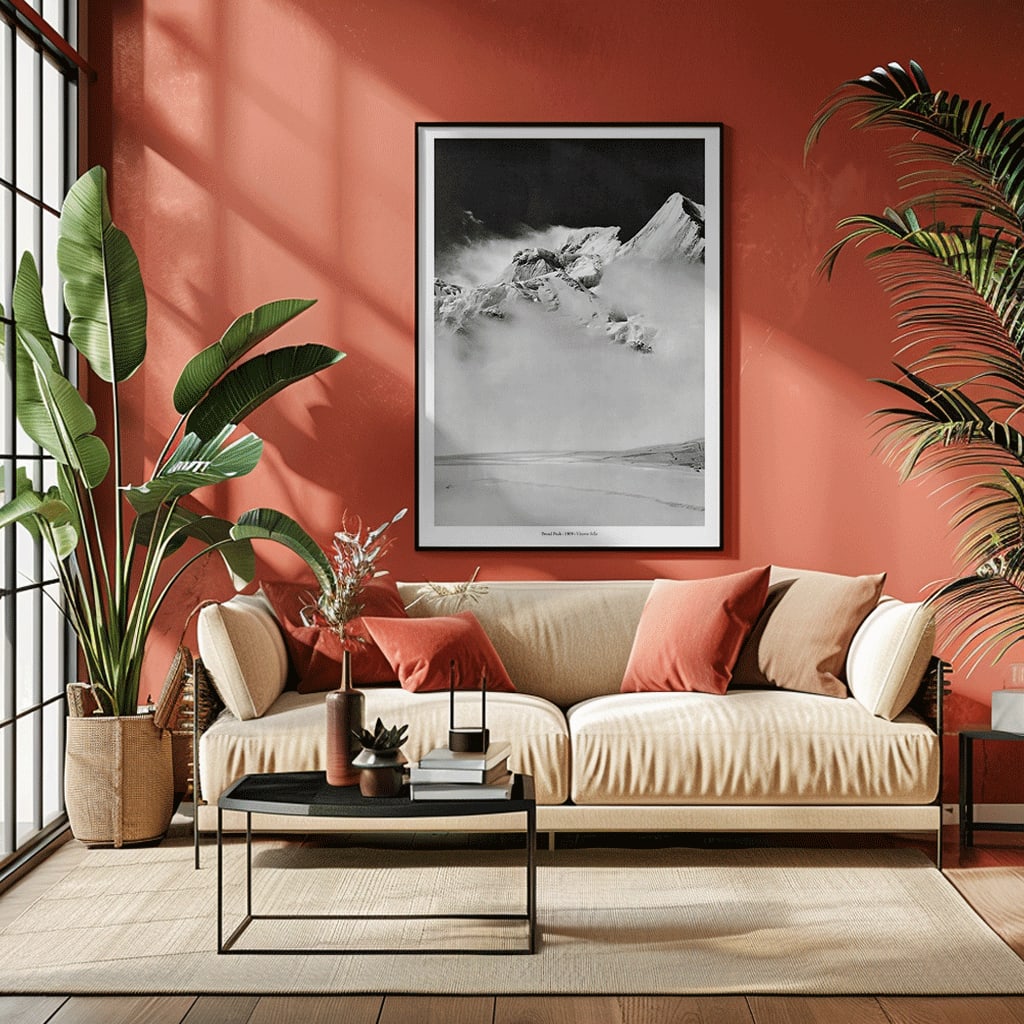 Broad Peak mountain view from Godwin-Austen Glacier snow-covered and obscured by clouds photo by Vittorio Sella, framed and displayed in home decor