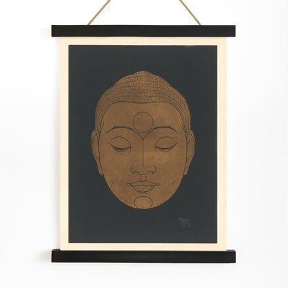 Minimalist golden Buddha head illustration artwork by Reijer Stolk on dark background poster titled Head of Buddha, with wooden magnetic frame on white background