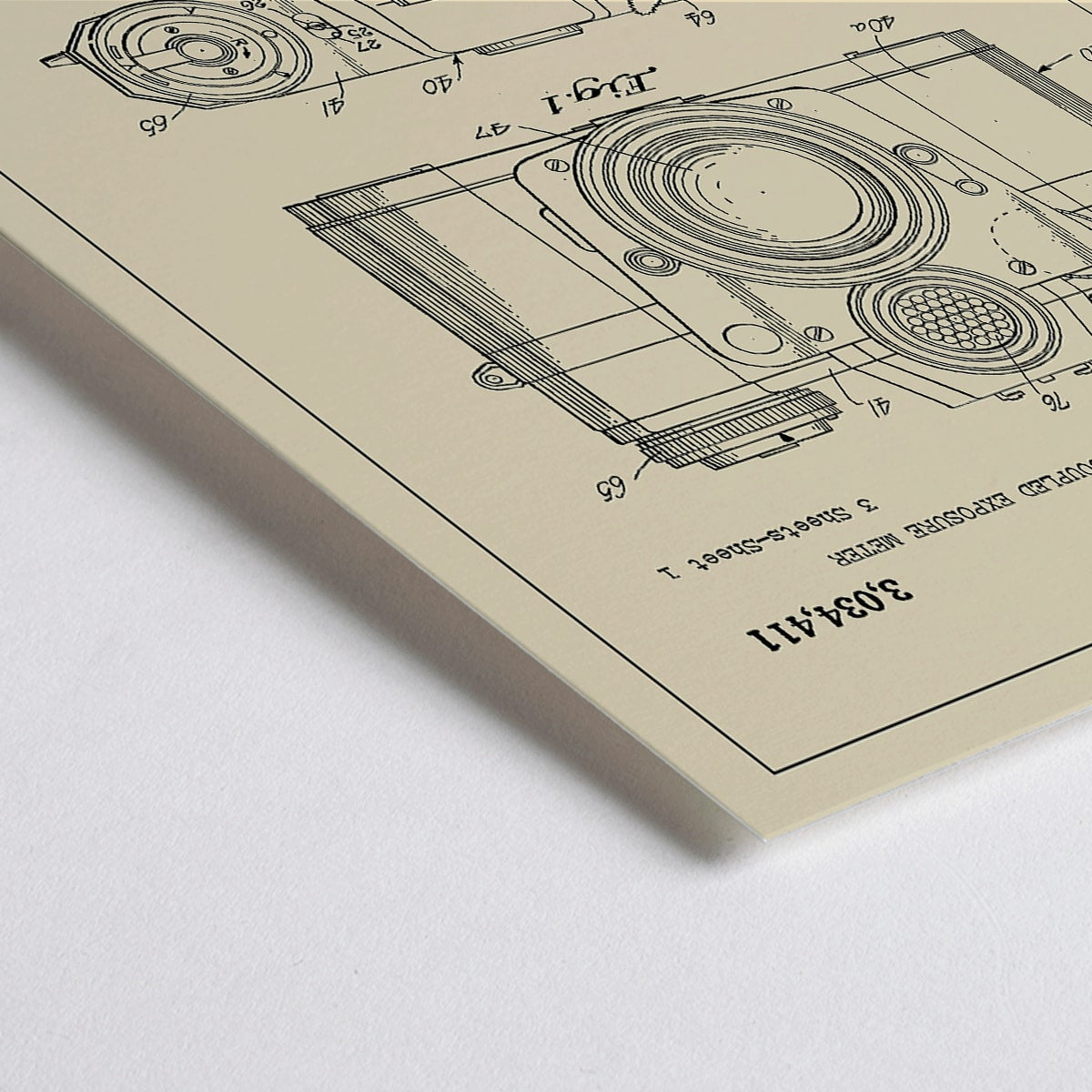 Closeup detail of Technical illustration and poster of photographic camera with coupled exposure meter patent by E Sauer showing detailed technical drawings