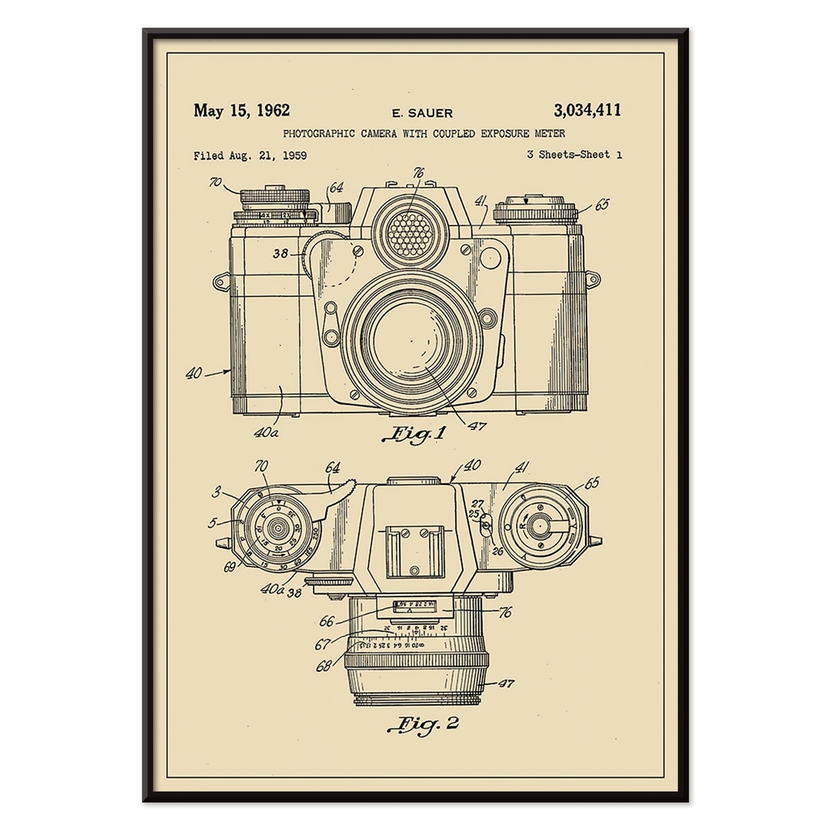 Technical illustration and poster of photographic camera with coupled exposure meter patent by E Sauer showing detailed technical drawings, with black aluminium frame on white background