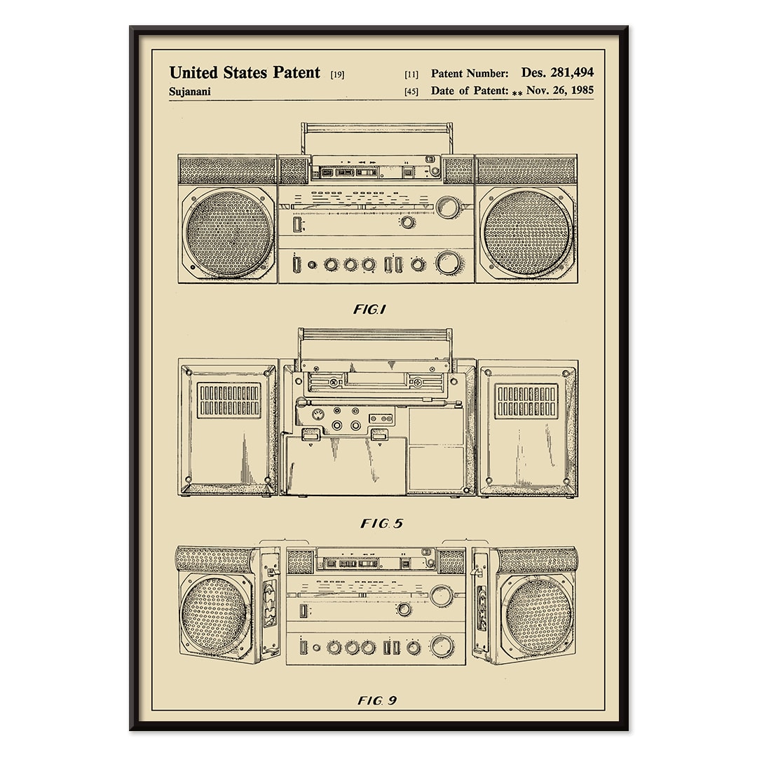 Portable combined cassette player technical drawing and poster illustrations by Sujanani United States Patent detailed technical drawings, with black aluminium frame on white background