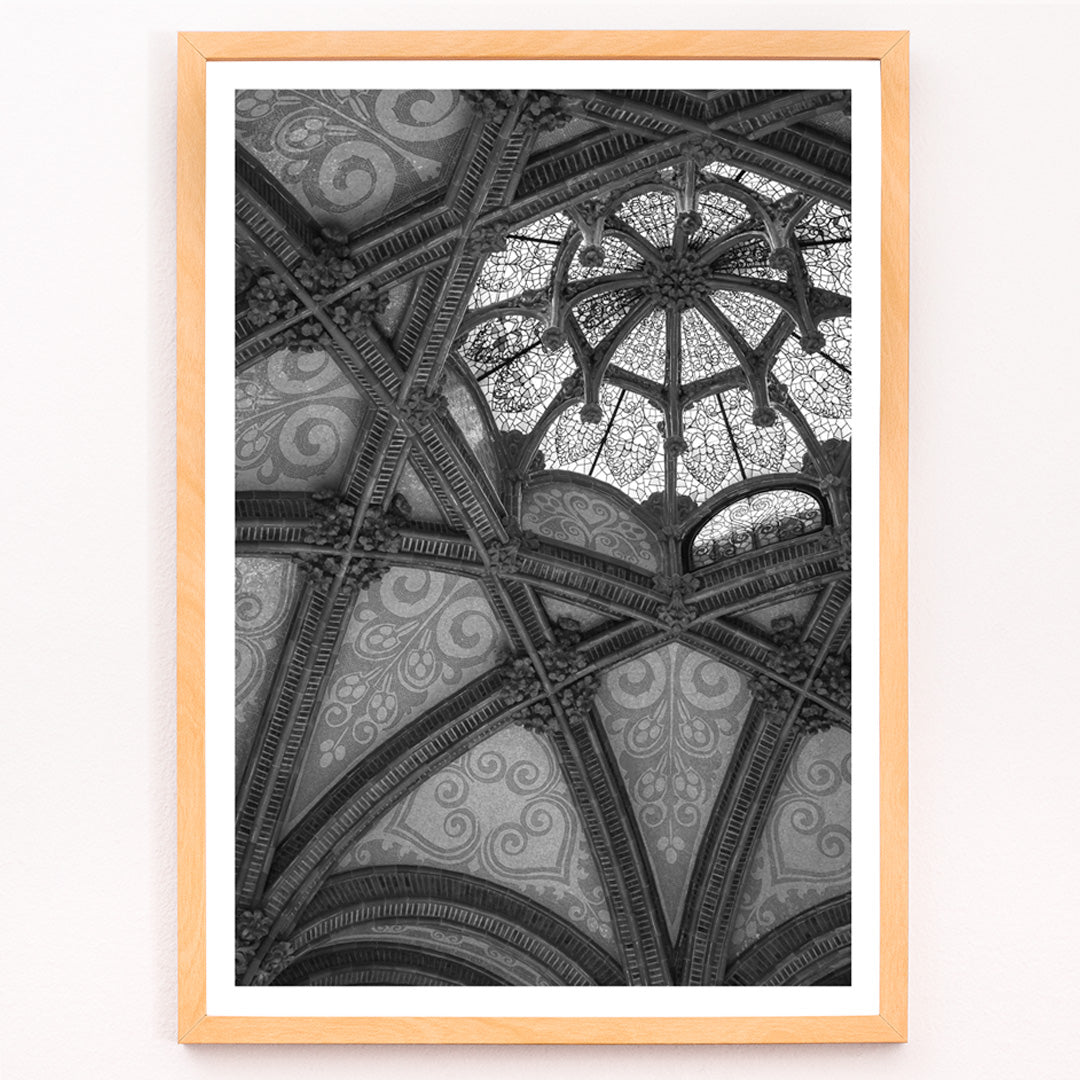 Closeup detail of Ornate vaulted ceiling detail and architectural artwork at Hospital de la Santa Creu i Sant Pau Barcelona by Lluis Domenech i Montaner