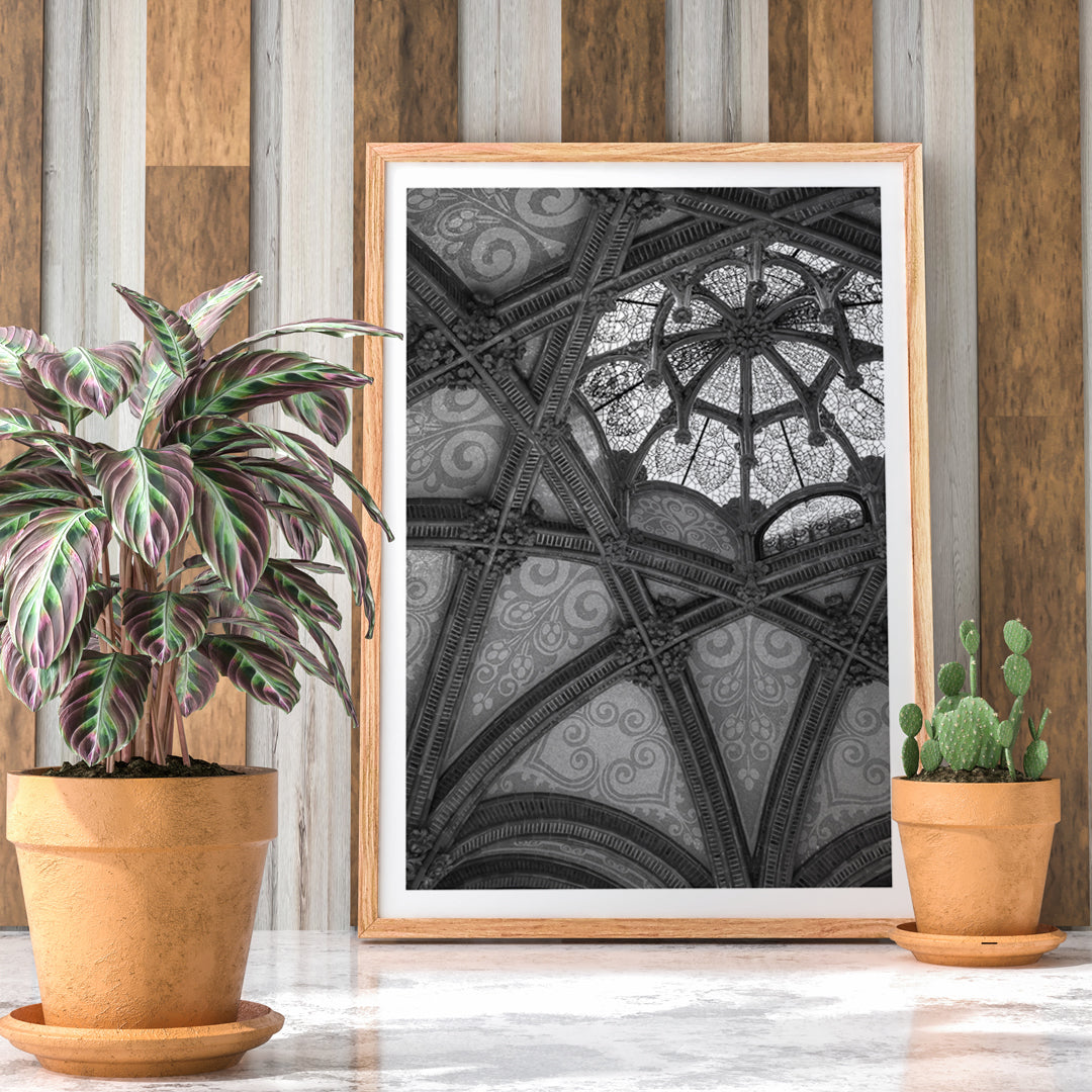 Ornate vaulted ceiling detail and architectural artwork at Hospital de la Santa Creu i Sant Pau Barcelona by Lluis Domenech i Montaner, framed and displayed in home decor