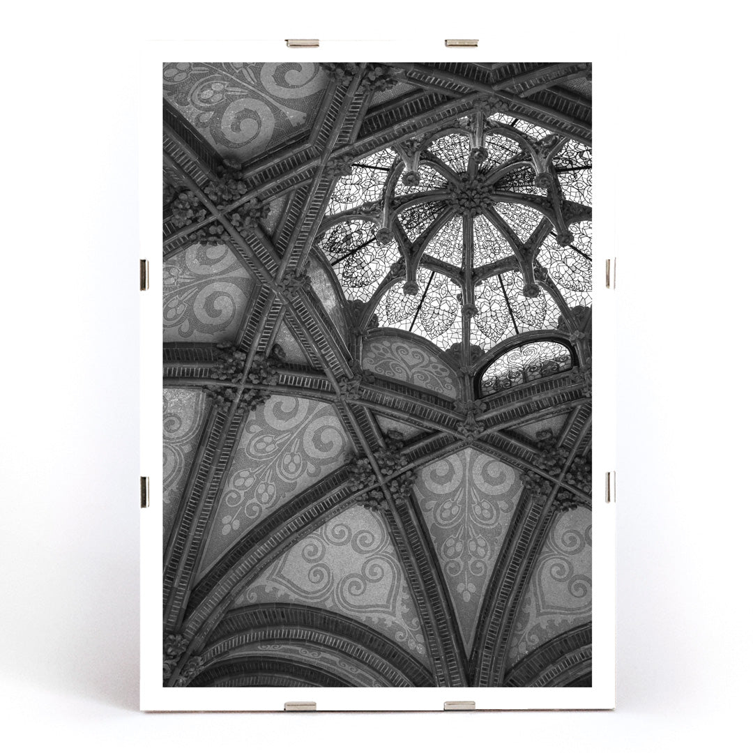 Ornate vaulted ceiling detail and architectural artwork at Hospital de la Santa Creu i Sant Pau Barcelona by Lluis Domenech i Montaner, framed and displayed in modern living room decor