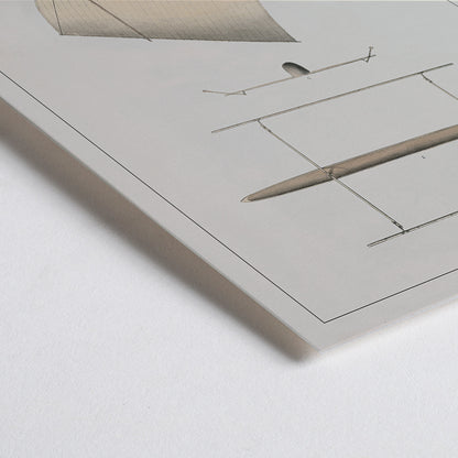 Closeup detail of J. Tastu Celebes Canoe poster with minimalist canoe plan and side view in soft beige tones