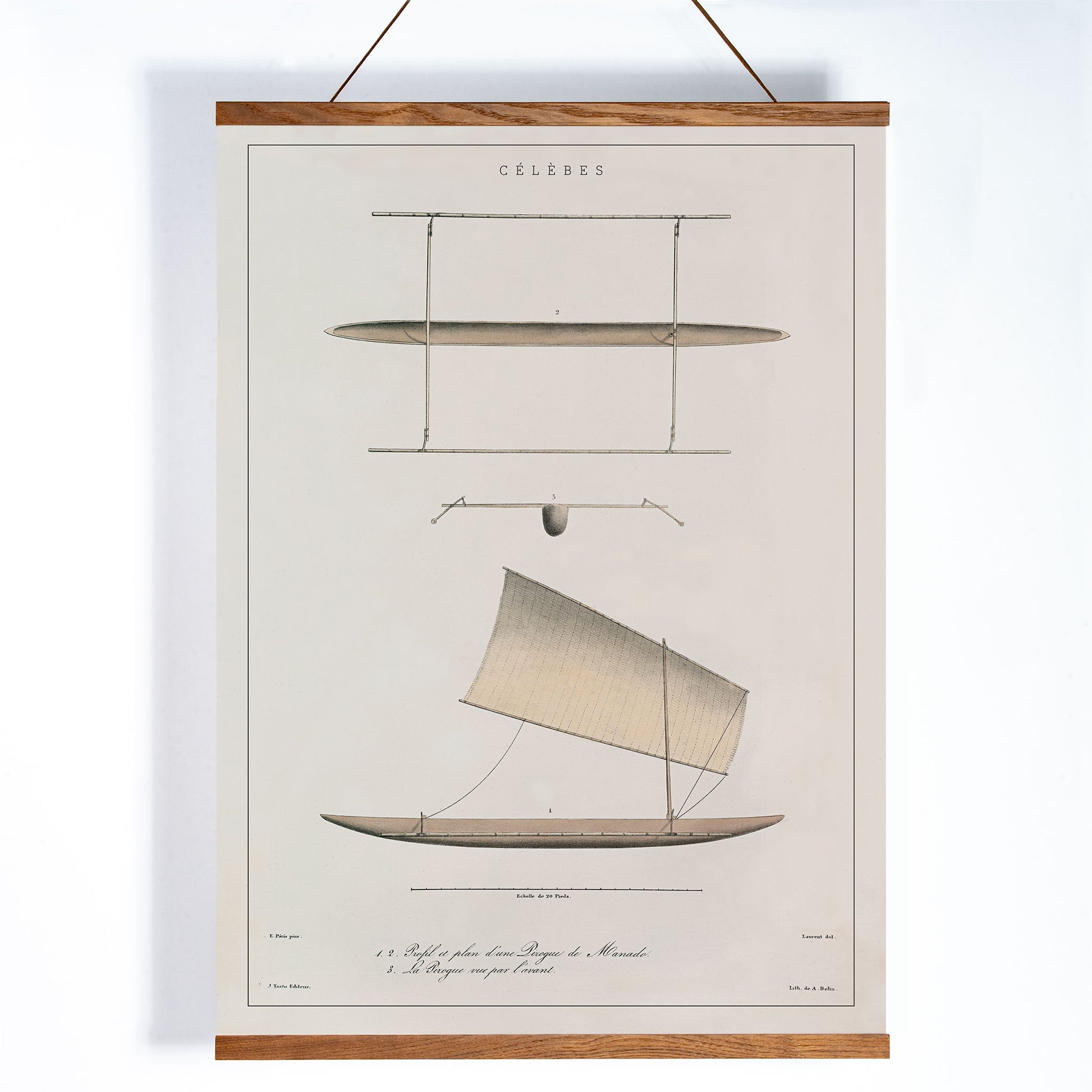 J. Tastu Celebes Canoe poster with minimalist canoe plan and side view in soft beige tones, with wooden magnetic frame on white background