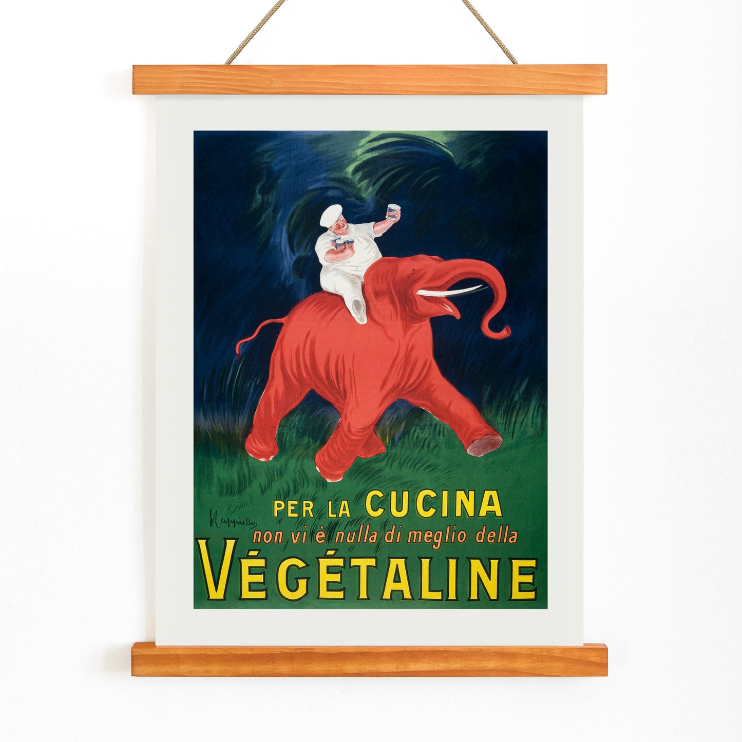 Vintage poster of chef riding a red elephant with bold Vegetaline text artwork by Leonetto Cappiello vibrant style, with wooden magnetic frame on white background
