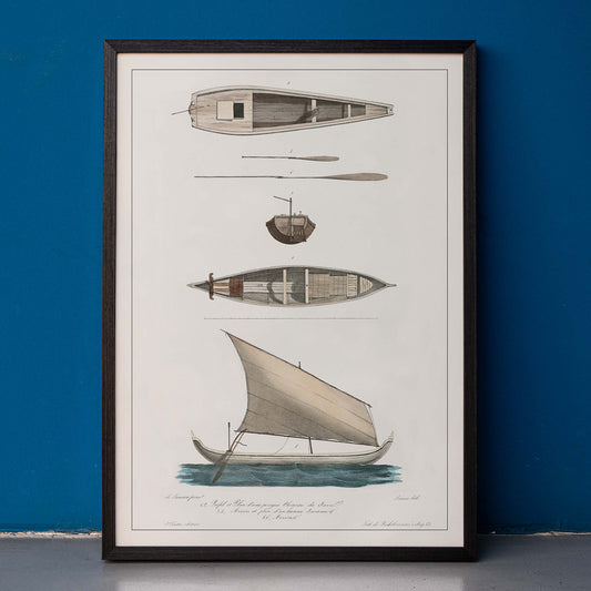 Poster of J. Tastu Chinese and Javanese boat studies with two boats and sailing vessel in beige blue and grey tones, framed and displayed in home decor