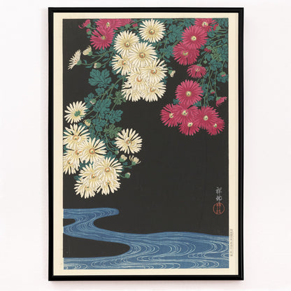 Closeup detail of Chrysanthemums and Running Water by Ohara Koson Japanese art poster with yellow and pink flowers over blue water on black background