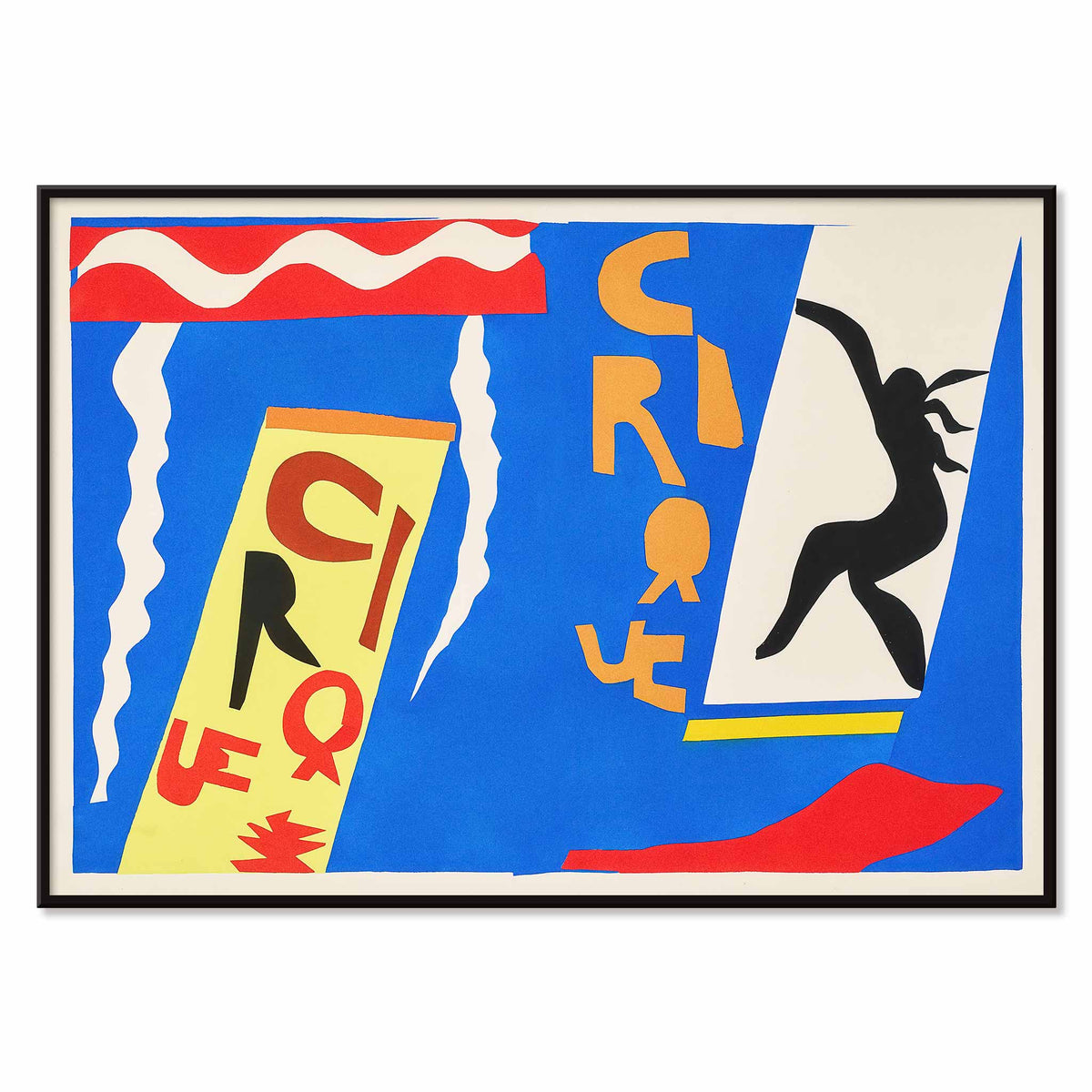 Henri Matisse Cirque poster with black acrobat silhouette, cut-paper circus lettering and white streamers on blue, with black aluminium frame on white background